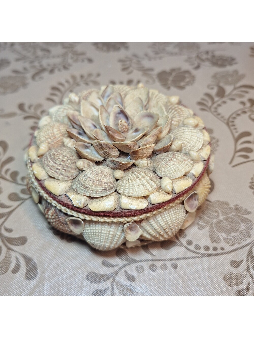 VTG Handmade Seashell Trinket Box Red Velvet Lining Round Coastal 4.25"X2.5"H